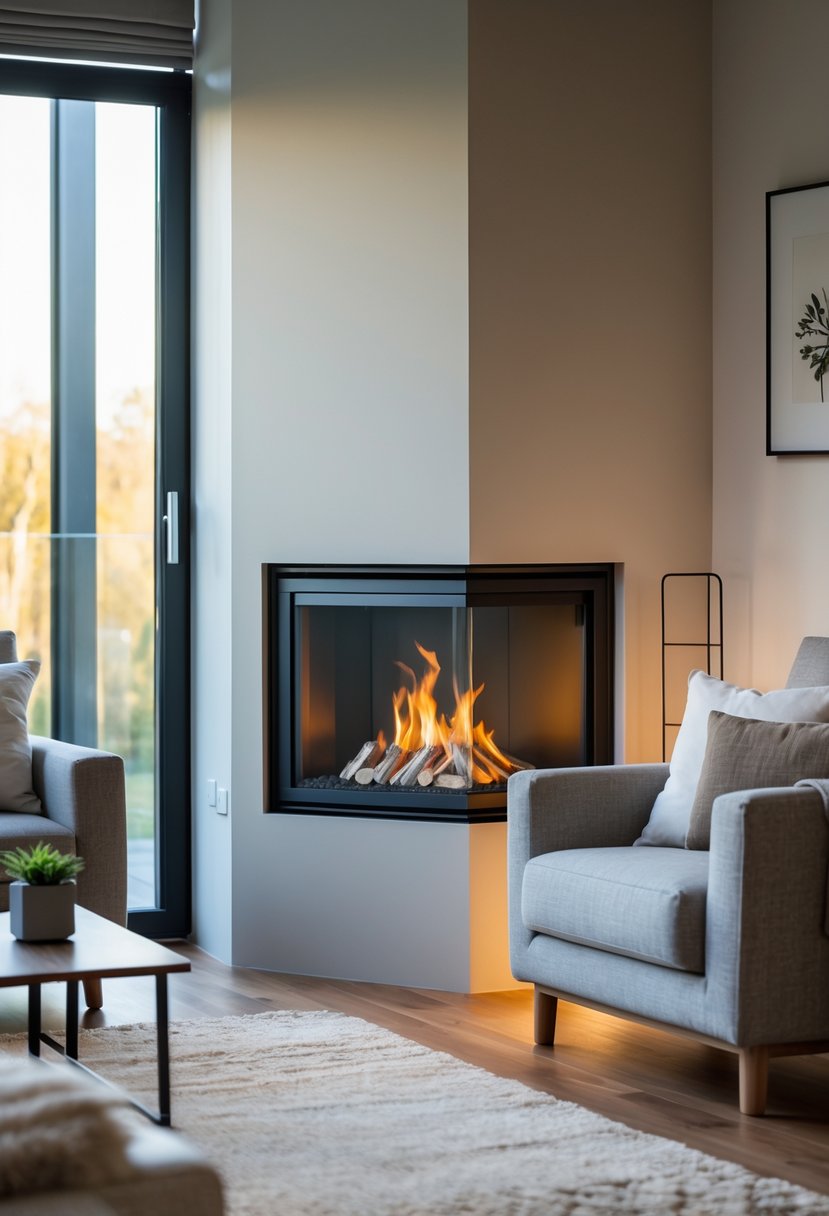 A living room with a compact corner fireplace unit, a sofa, armchair, coffee table, and large windows letting in natural light.