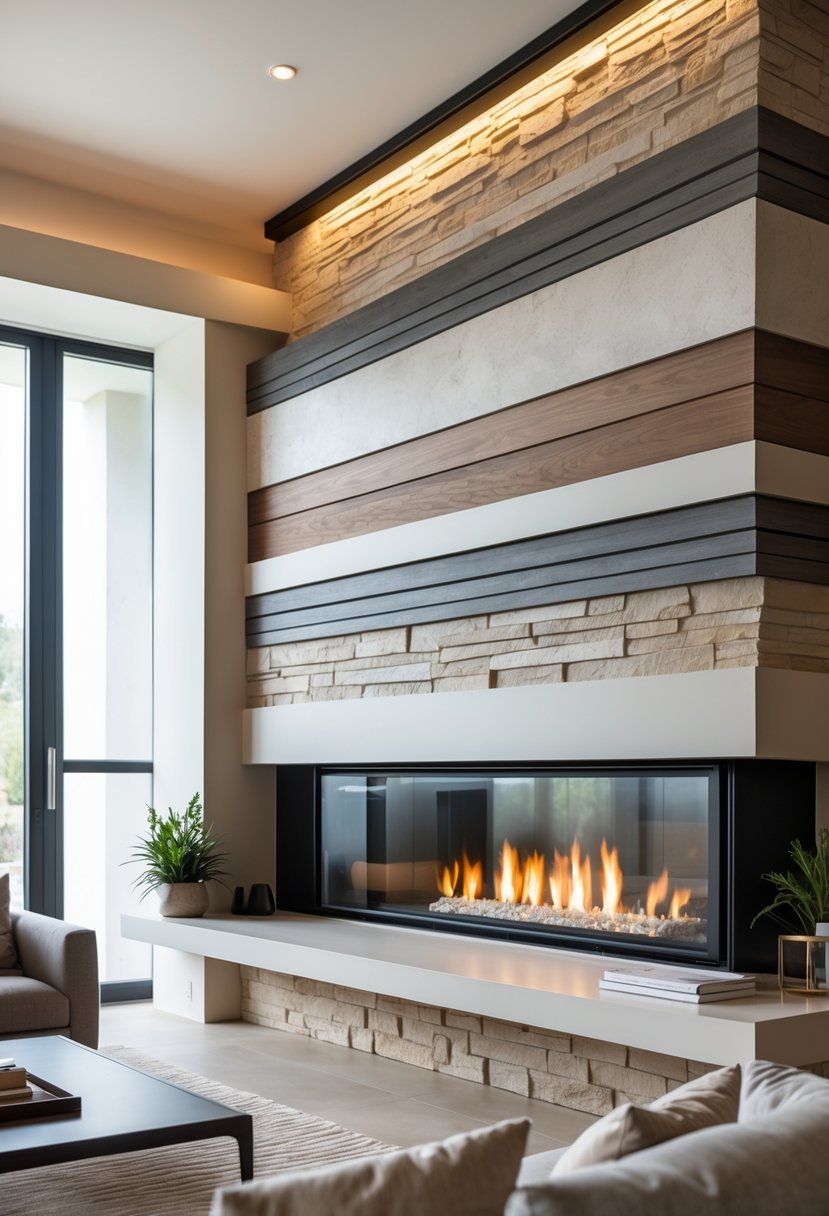 Living room with a modern fireplace built into a wall with layered textured surfaces, surrounded by furniture and warm lighting.