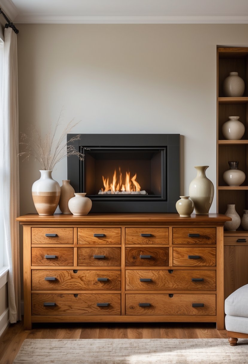 Living room with a fireplace framed by an oak dresser topped with decorative vases.