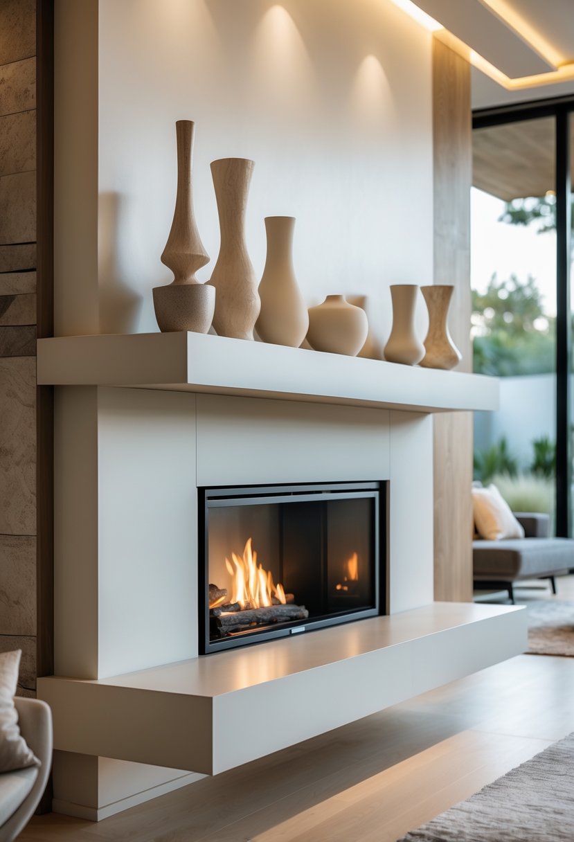 Living room with a floating mantel above a fireplace, decorated with sculptural ceramic pieces.