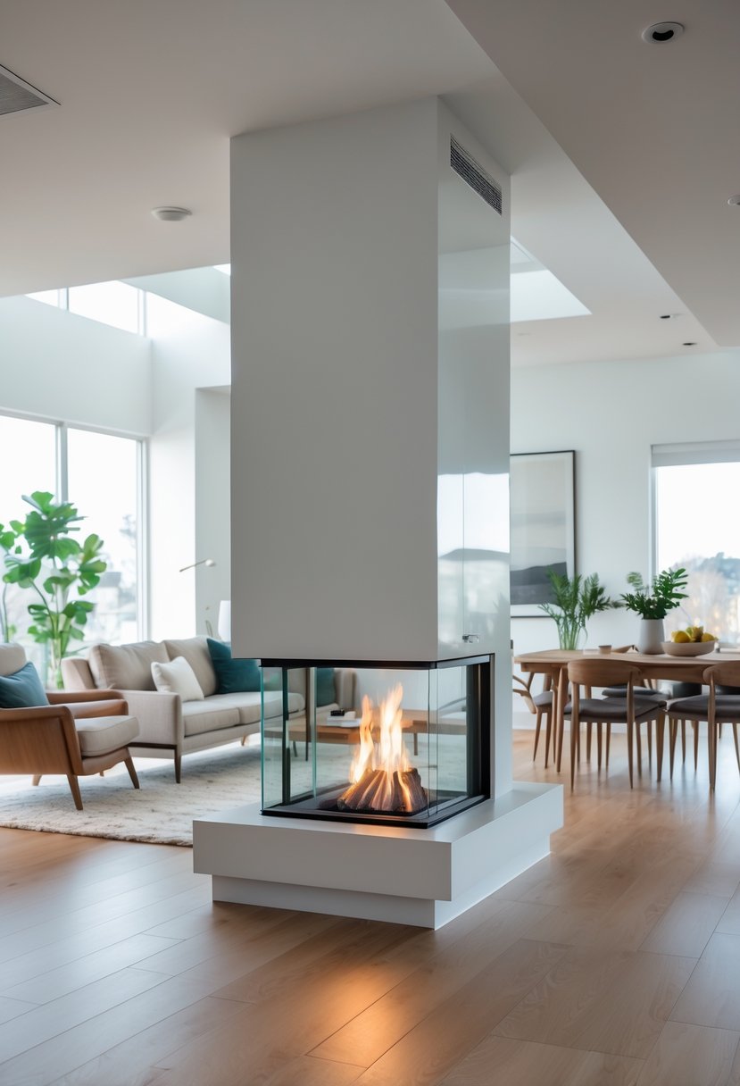A living room with a double-sided fireplace separating a seating area and a dining area in an open floor plan.