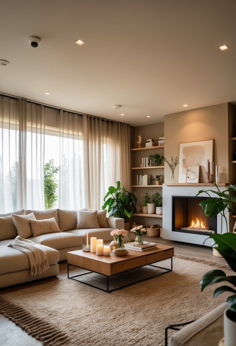 A cozy living room with a large sofa, coffee table, plants, and a fireplace.