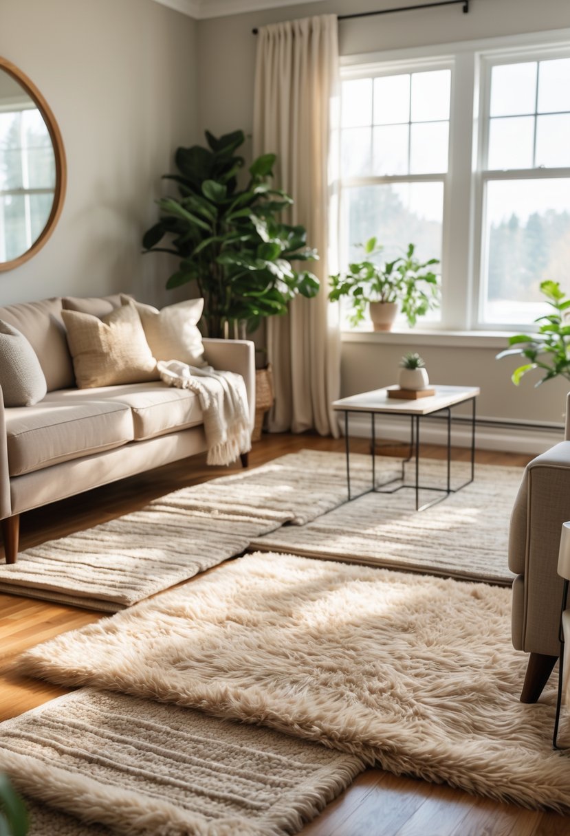 A living room with layered plush area rugs, a sofa with pillows, a coffee table, and plants near large windows.