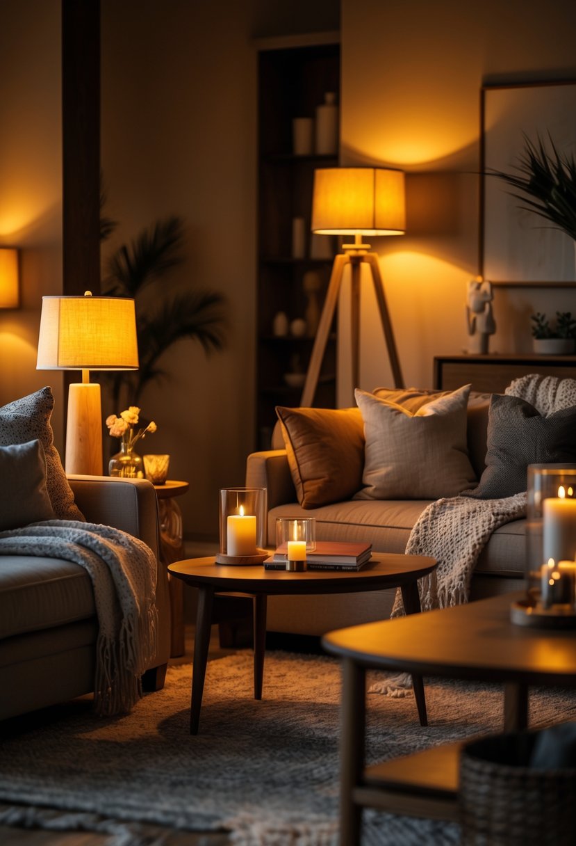 A cozy living room with warm ambient lighting from dimmable lamps, featuring a sofa, coffee table, and soft decor.