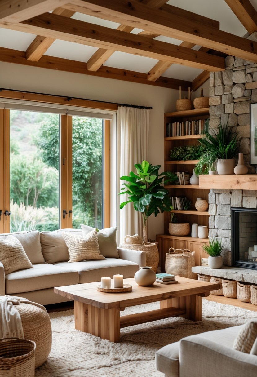 A living room with wooden furniture, a sofa, plants, and a fireplace, illuminated by natural light.