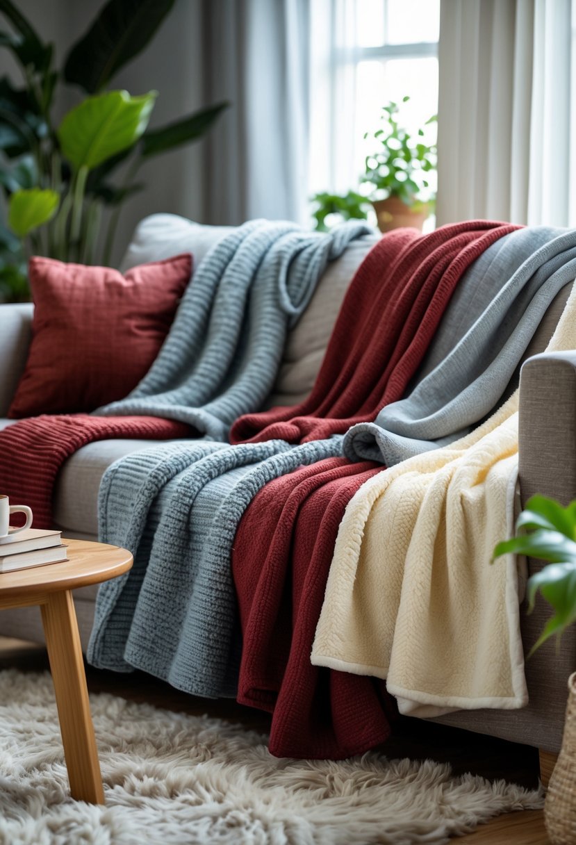 A living room with a sofa draped in textured wool and fleece throw blankets, a coffee table with books and a mug, and plants nearby.