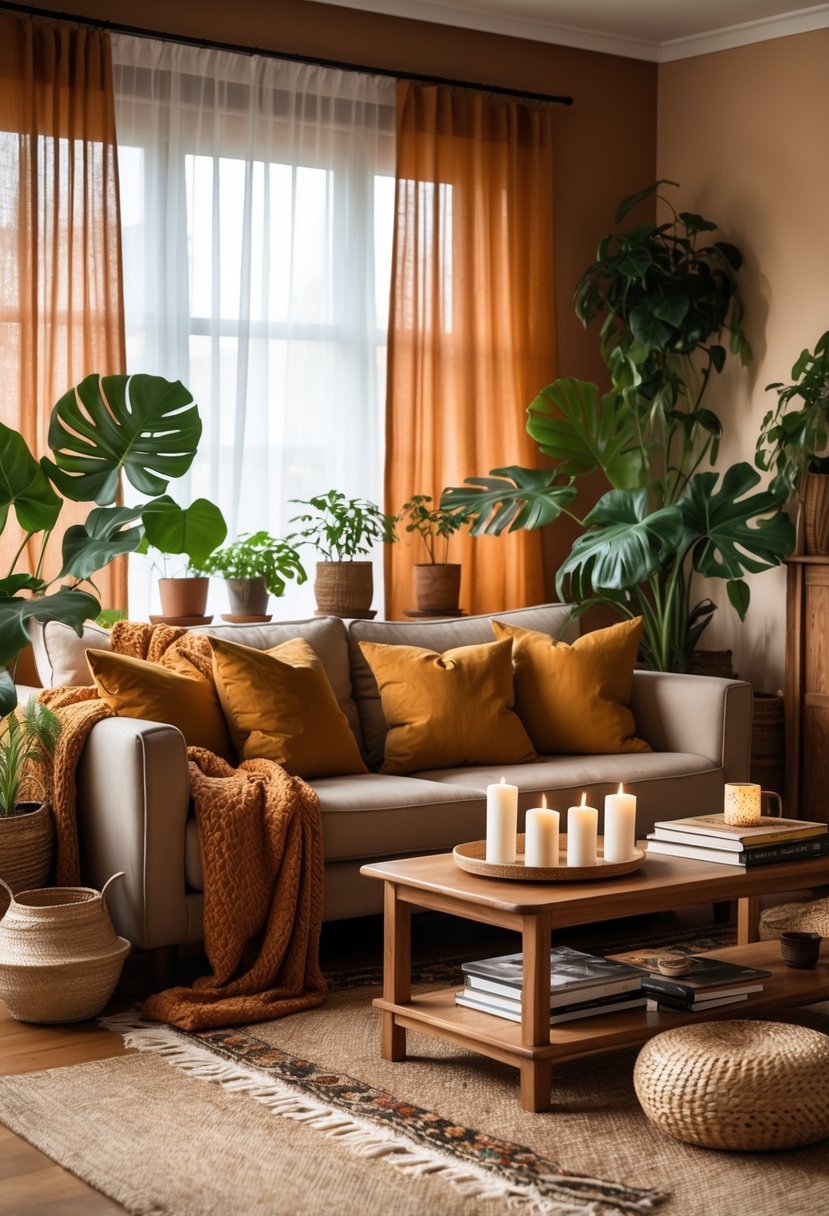 A cozy living room with a sofa, cushions, plants, and a coffee table with candles and books, illuminated by natural light.
