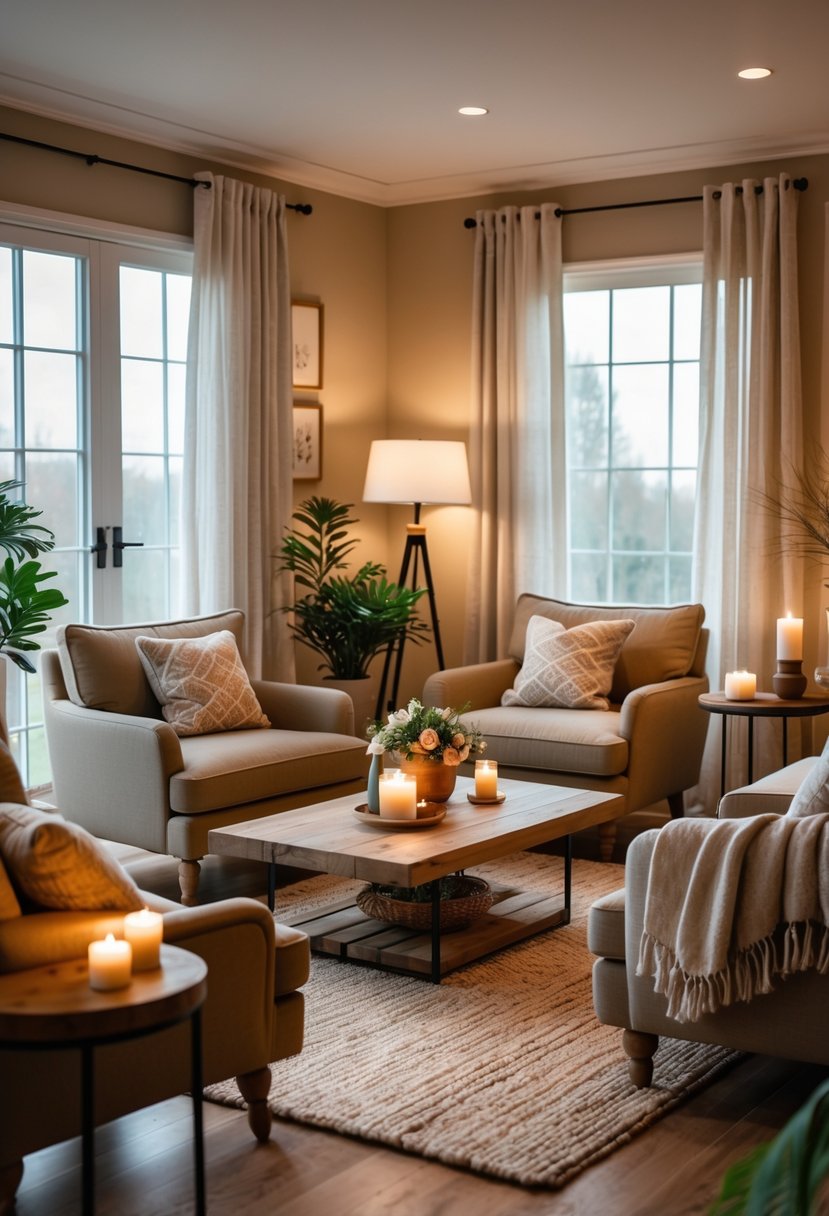 A cozy living room with armchairs and a sofa arranged closely around a coffee table, featuring soft lighting and warm decor.