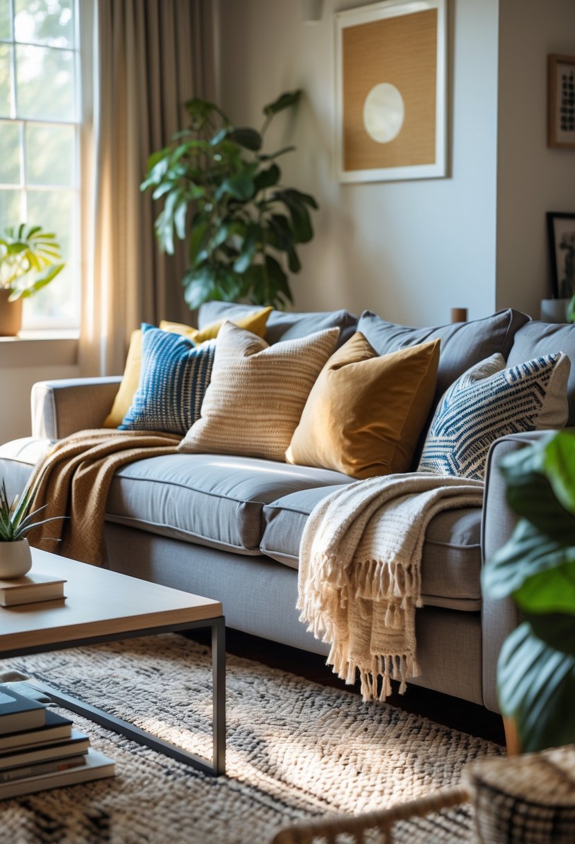 A cozy living room with a sofa covered in various patterned cushions, a coffee table, and plants by a window.