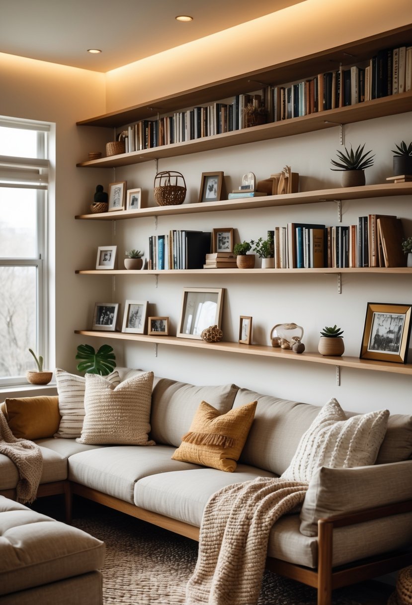 A cozy living room with open shelving displaying books and personal items, a comfortable sofa, and warm natural light.