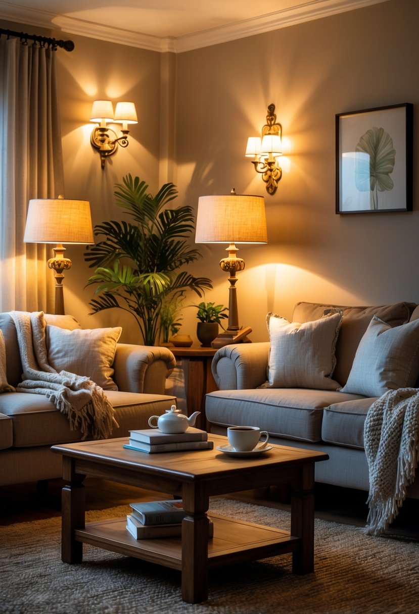 A cozy living room with a sofa, coffee table, indoor plants, and multiple light sources including table lamps, floor lamps, and wall sconces.