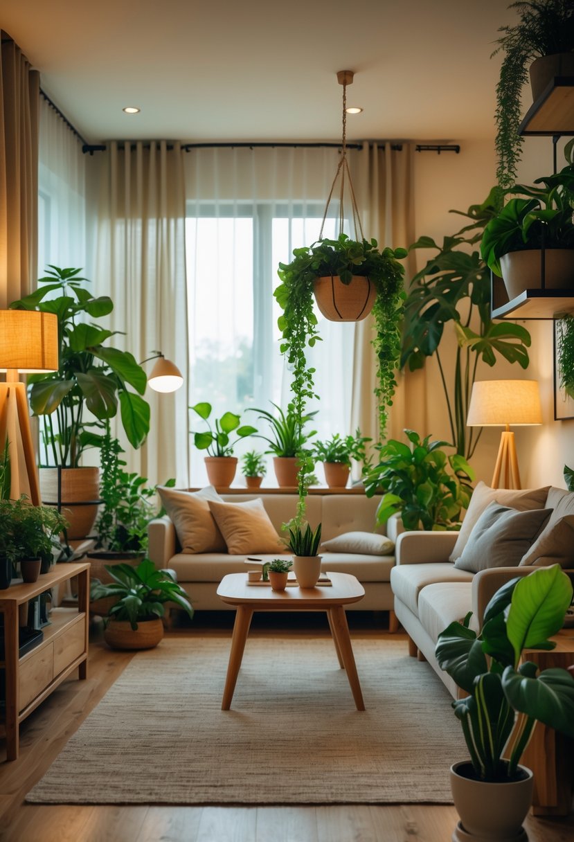 A cozy living room with comfortable seating and various indoor plants placed around the space, creating a warm and inviting atmosphere.