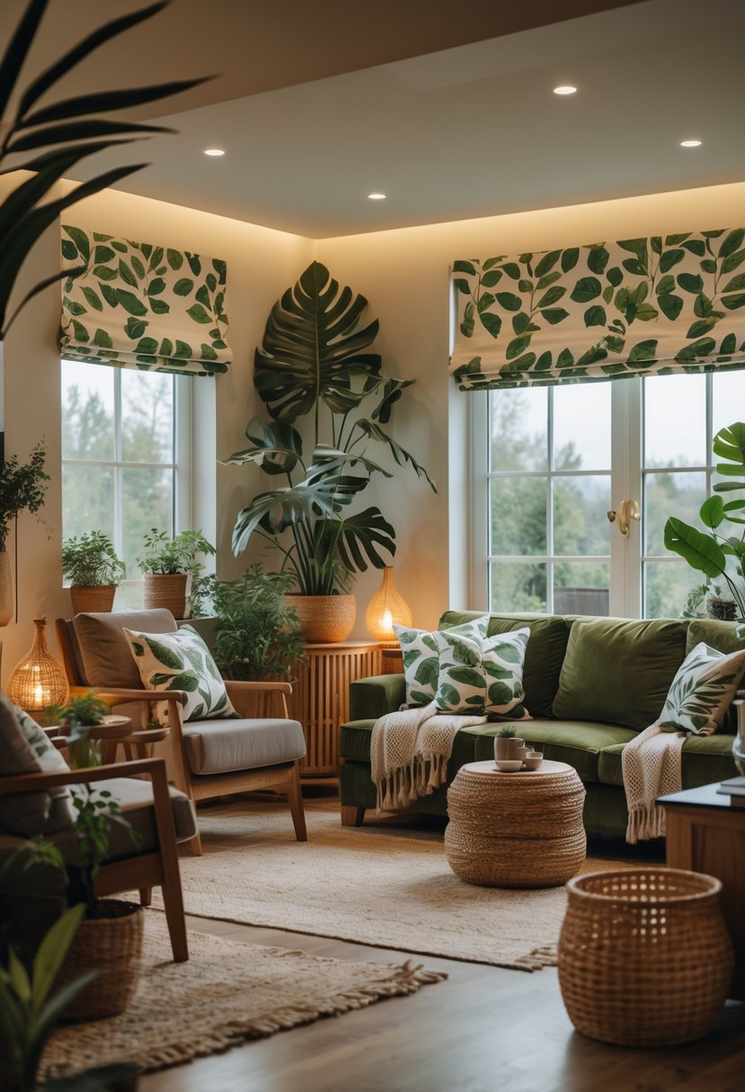 A cozy living room with comfortable seating, cushions featuring leaf and floral patterns, potted plants, wooden furniture, and warm natural light.