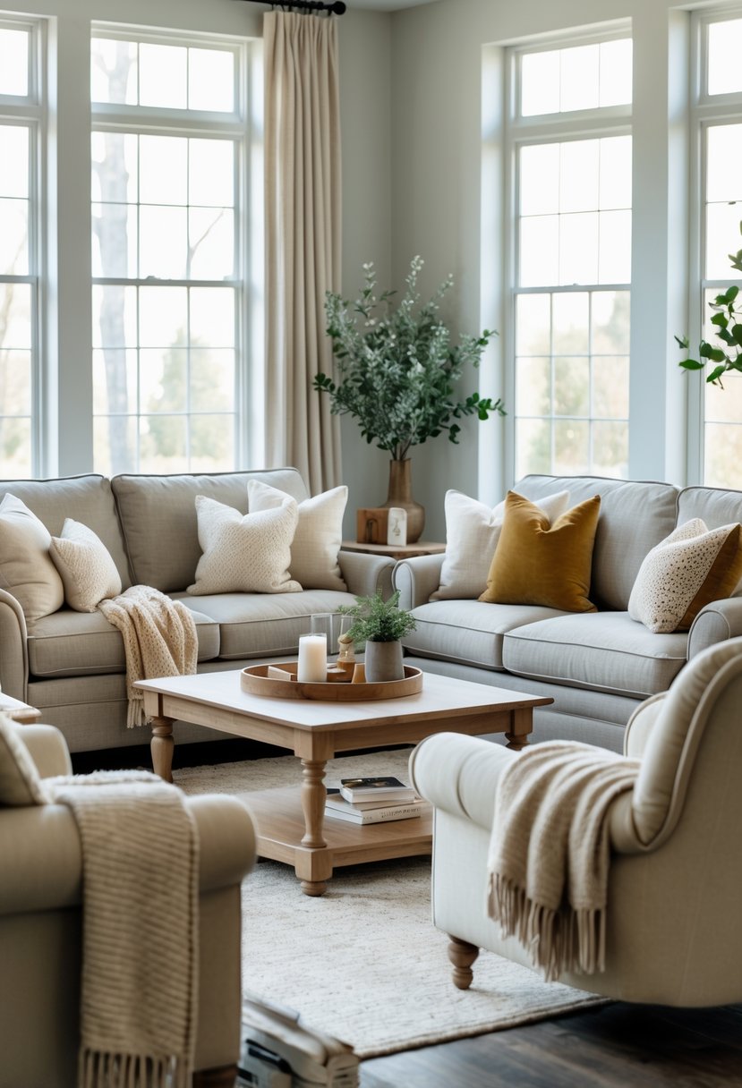 A living room with upholstered sofa and armchairs arranged around a coffee table, illuminated by natural light.