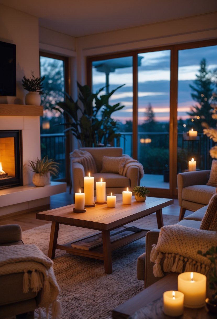 A cozy living room with a glowing fireplace, lit candles on a coffee table, comfortable seating, and warm ambient lighting.