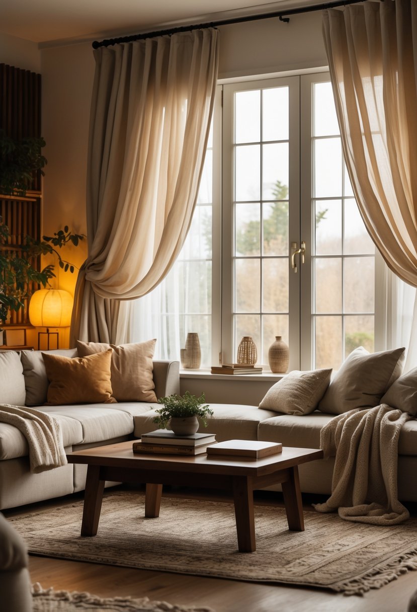 A cozy living room with a large window framed by soft curtains, a sofa, coffee table, and warm natural light.