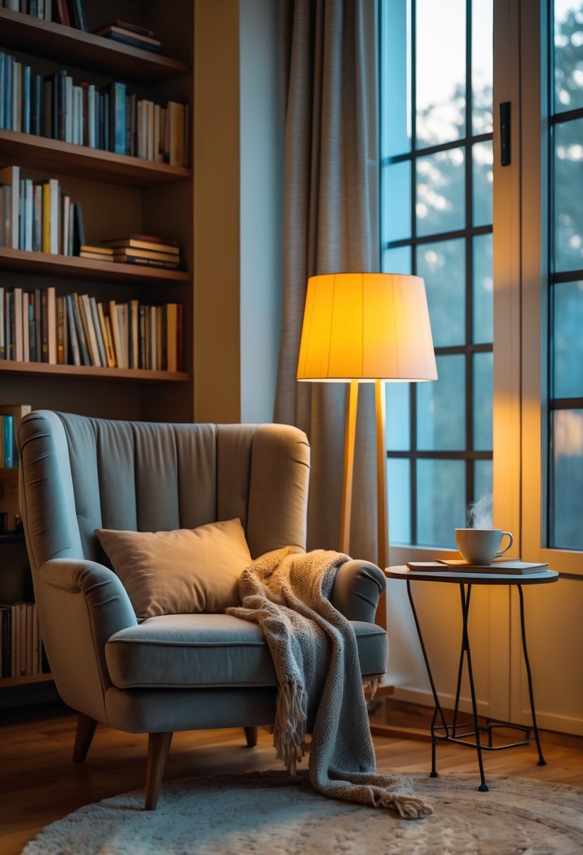 A cozy reading nook with a comfortable armchair, warm lighting, bookshelves, and a small side table in a living room.