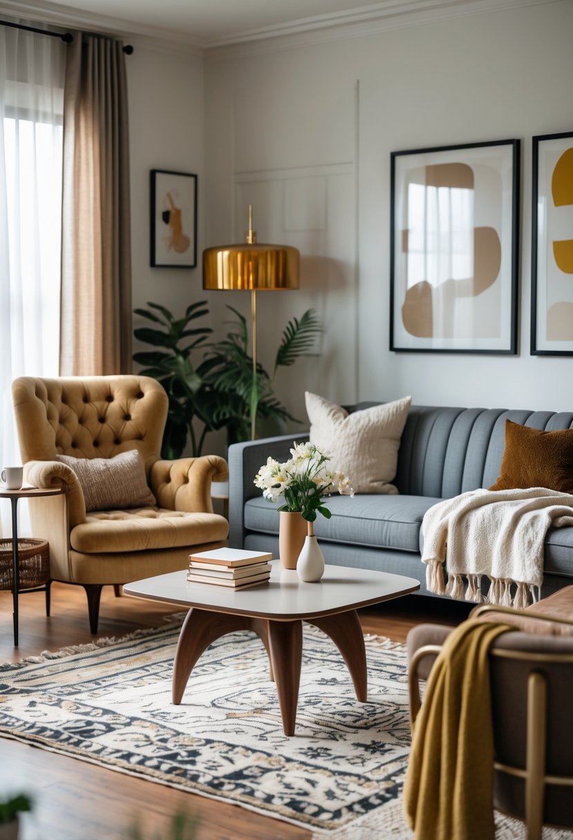 A cozy living room with a mix of different chairs, a coffee table, plants, and soft natural lighting.