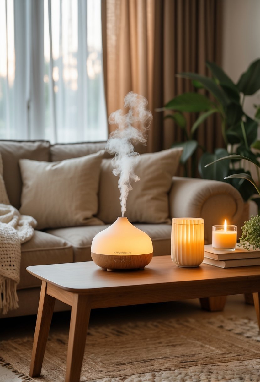 A cozy living room with a sofa, coffee table holding an essential oil diffuser and a lit candle, surrounded by plants and soft natural light.