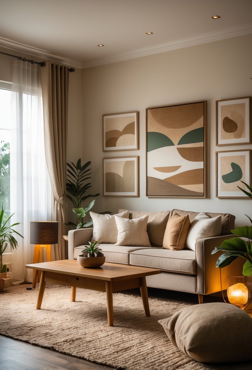 A cozy living room with a sofa, wooden coffee table, earth-toned wall art, potted plants, and soft natural light.