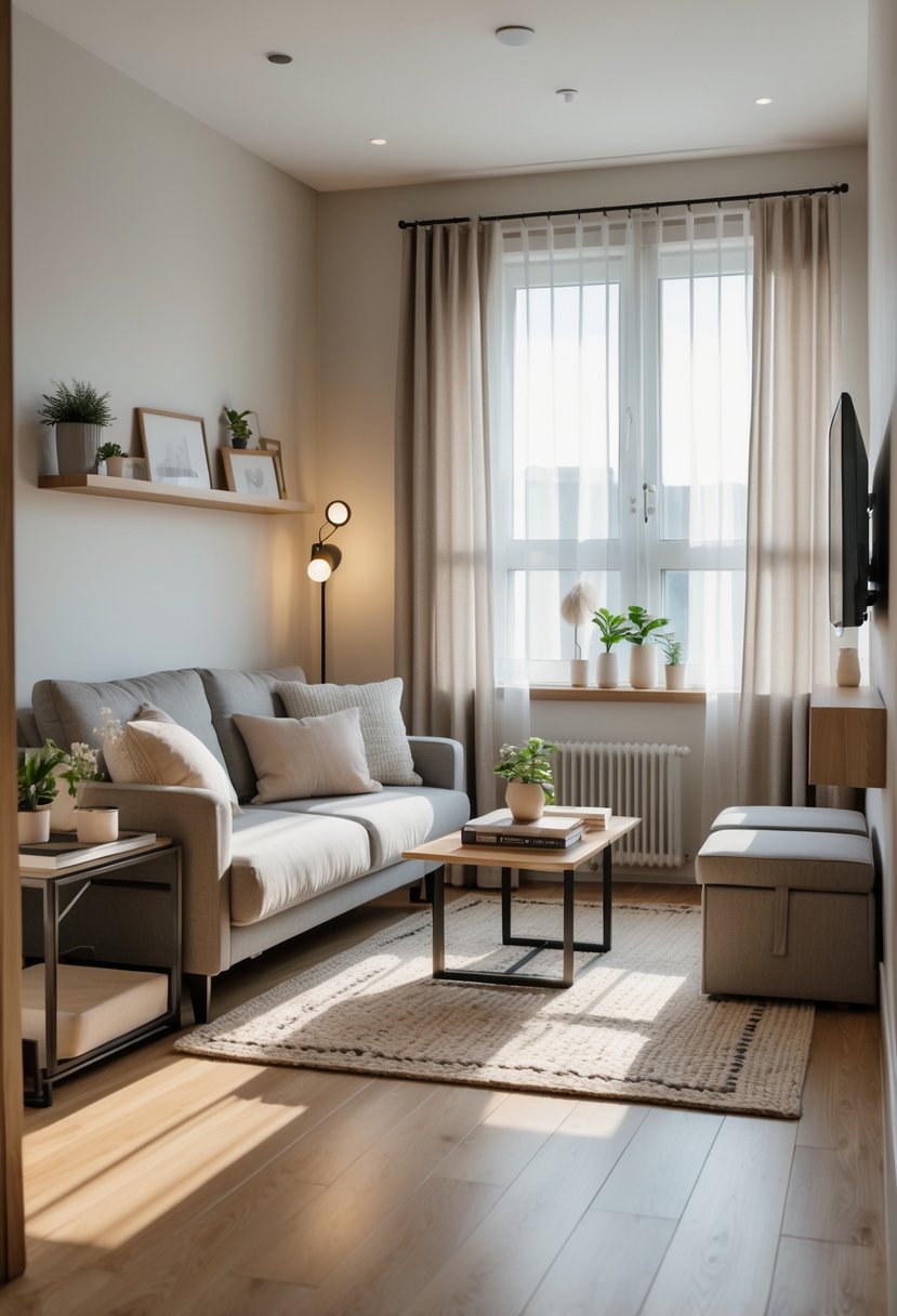 v2 154nyy A small, cozy apartment living room with a sofa, coffee table, window with curtains, and indoor plants.