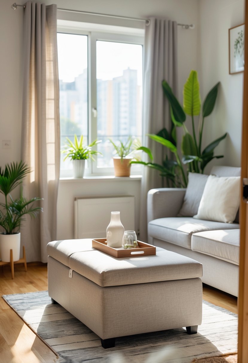 v2 154nz8 9qa6o A small living room with a sofa, a storage ottoman used as a coffee table, plants, and natural light coming through a window.