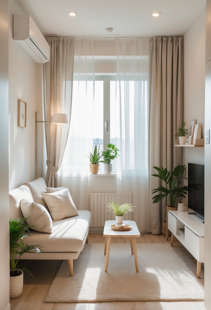 v2 154nzh s6gik A small, bright living room with a sofa, coffee table, plants, and natural light coming through a window.