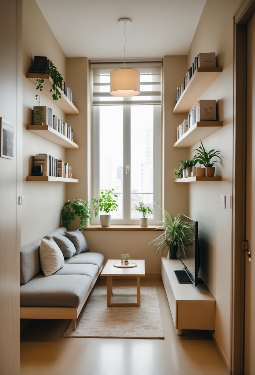 v2 154nzt 3uf3o Small living room with wall-mounted shelves holding books and plants, a compact sofa, and a coffee table.
