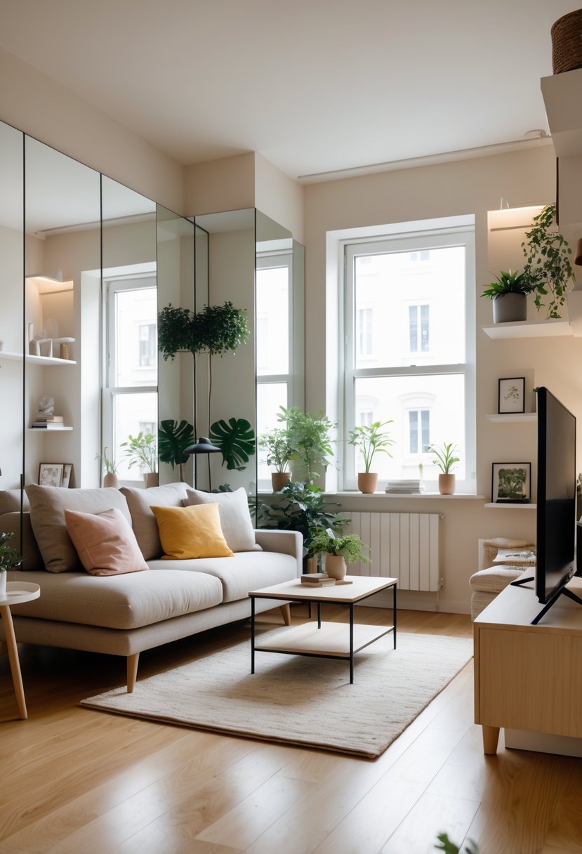 v2 154o03 0omhi A small cozy living room with mirrors on the walls reflecting light and making the space appear larger, featuring a sofa, coffee table, and decorative plants.
