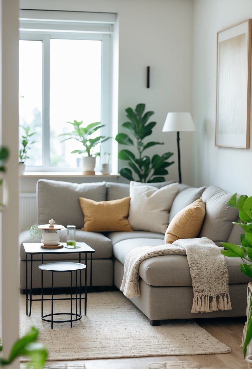 v2 154o0j qzi0h Small living room with a compact sectional sofa, coffee table, plants, and natural light.