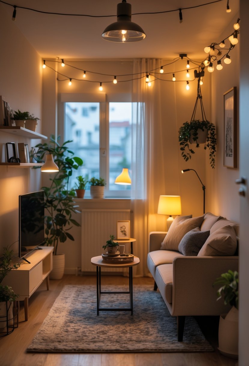 v2 154o0u A small living room with a sofa, coffee table, lamps, string lights, and cozy decorations.