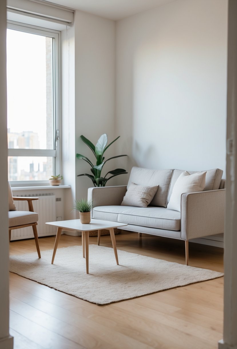 v2 154o12 c63gl A small living room with slim-profile furniture featuring exposed legs, including a sofa, coffee table, and chair, arranged in a cozy apartment setting.