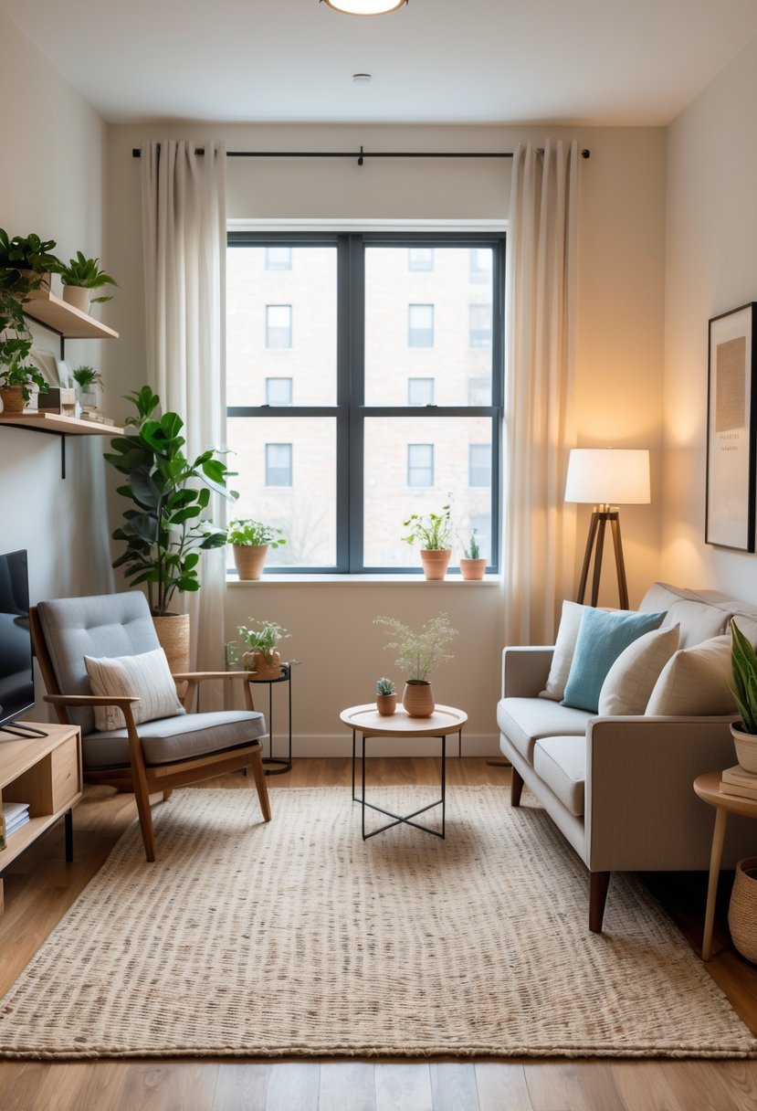 v2 154o1c w7s9j A small living room with defined seating and reading areas separated by area rugs, featuring a sofa, armchair, coffee table, lounge chair, and natural light from a window.