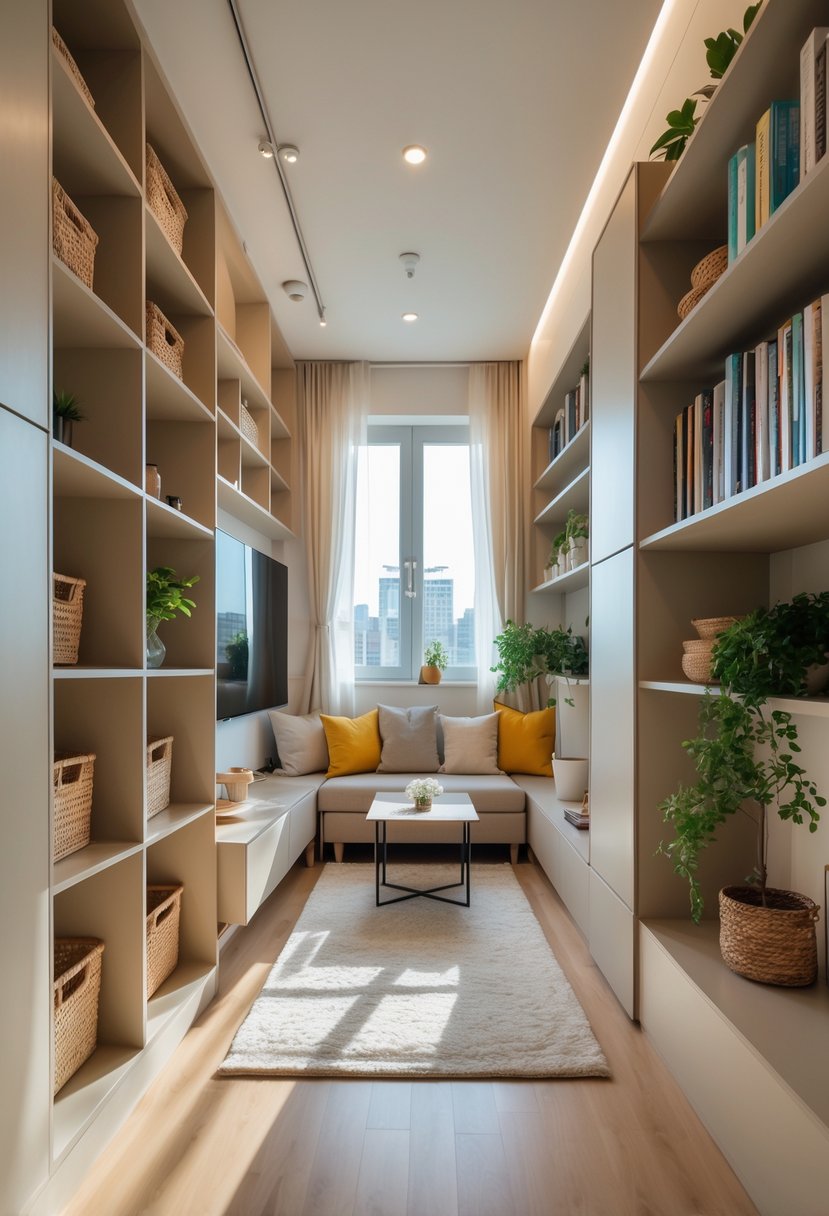 v2 154o1n 3al8d Small apartment living room with built-in tall shelves and a cozy seating area utilizing vertical storage space.