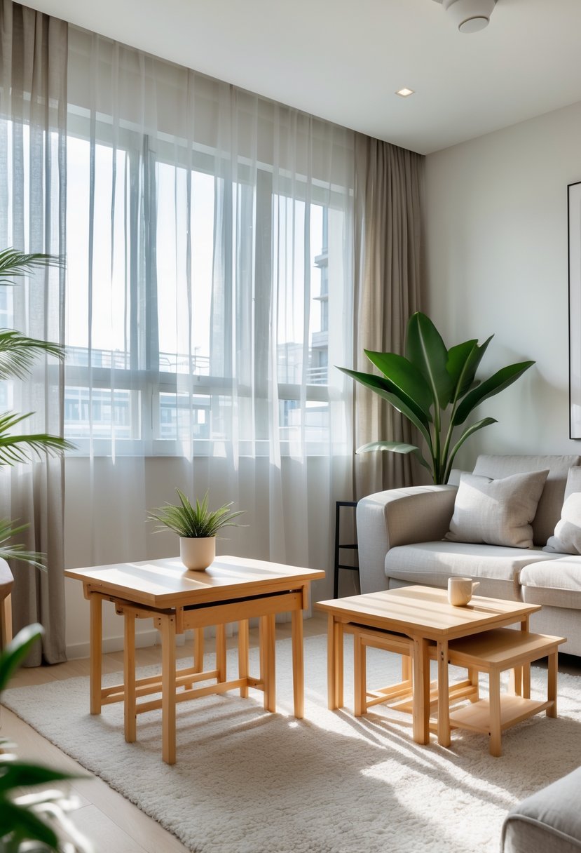 v2 154o1y 607ei A small living room with a compact sofa, foldable table, nesting tables, indoor plants, and natural light coming through large windows.