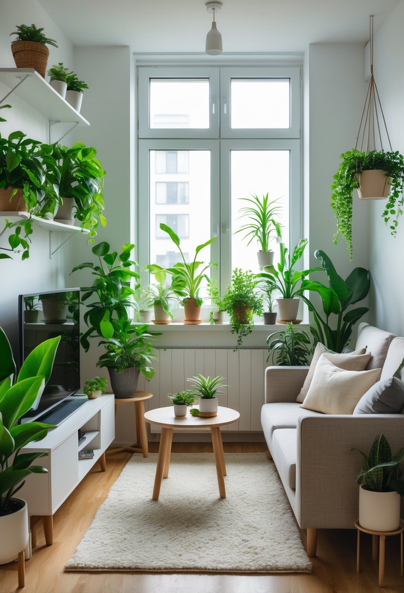 v2 154o29 A small living room with a sofa, coffee table, and several green plants placed around the space, illuminated by natural light from large windows.