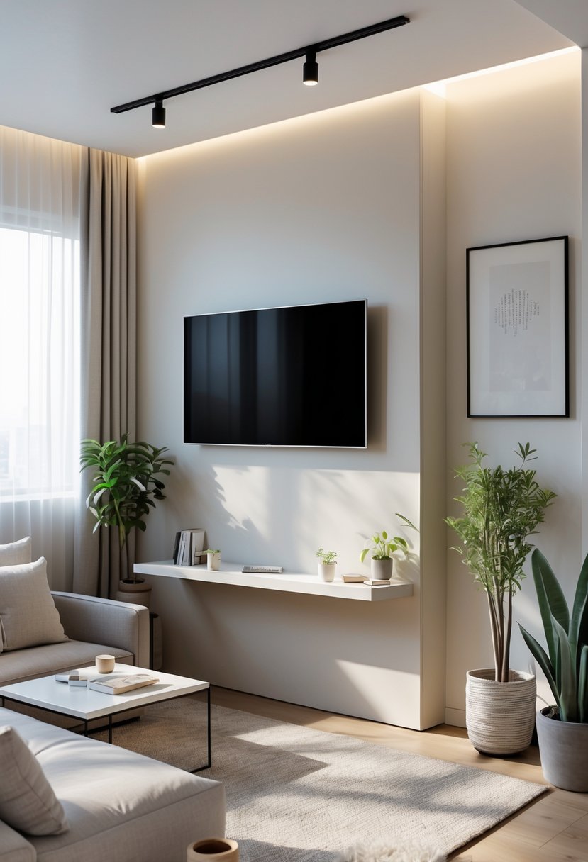 v2 154o2i A small living room with a floating TV stand mounted on the wall, a sofa, coffee table, and natural light coming through a window.