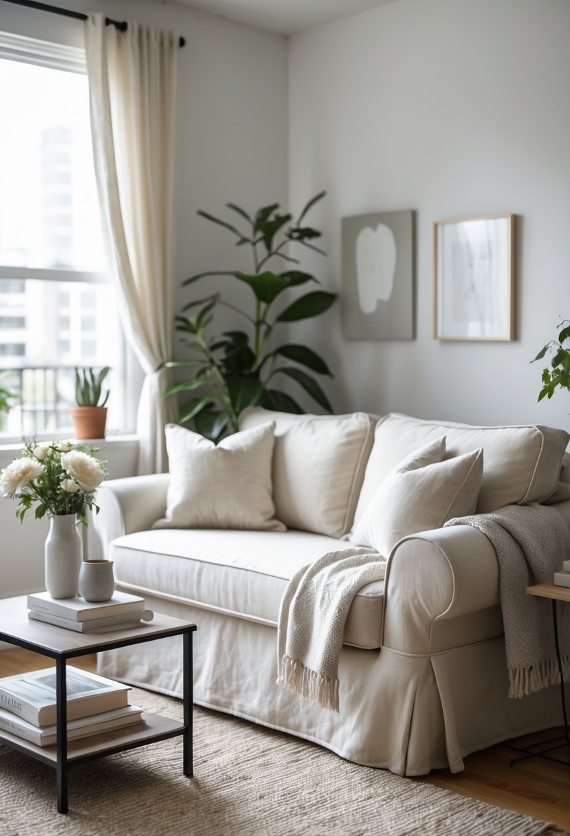 v2 154o2t eoz3d A small living room with a slipcovered sofa, coffee table, plants, and natural light from a window.