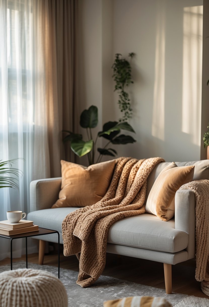 v2 154o34 s27fl Small living room with a sofa covered in velvet and knit throws, a coffee table with a cup and books, and soft natural light coming through curtains.