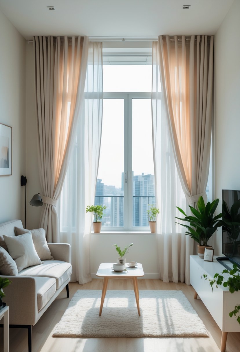 v2 154o3d gg1gq Small living room with a large window featuring curtains hung high and wide, sunlight filling the cozy space with a sofa, coffee table, and plants.