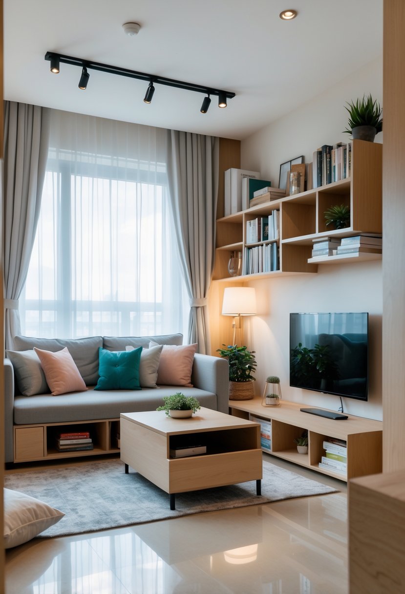 v2 154o3m 43gff Small cozy living room with sofa, coffee table, shelves, and hidden storage solutions creating an organized and inviting space.