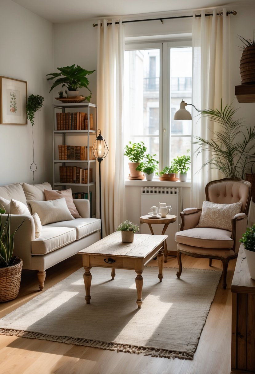 v2 154o3z d90vt A small cozy living room with a sofa, vintage armchair, wooden coffee table, bookshelf, and plants, filled with natural light.