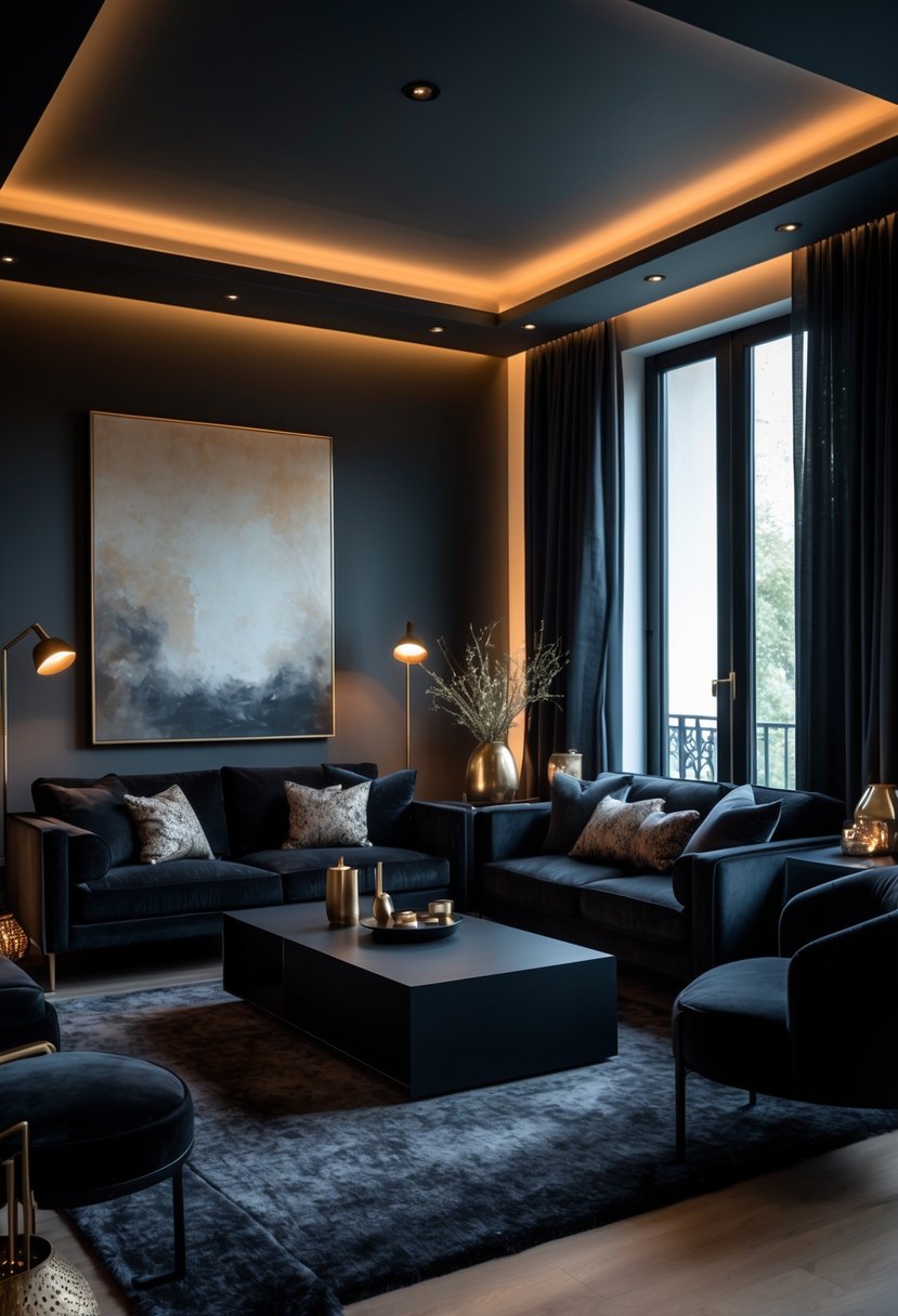 A dark living room with a velvet sofa, coffee table, abstract painting, and soft lighting creating a cozy atmosphere.