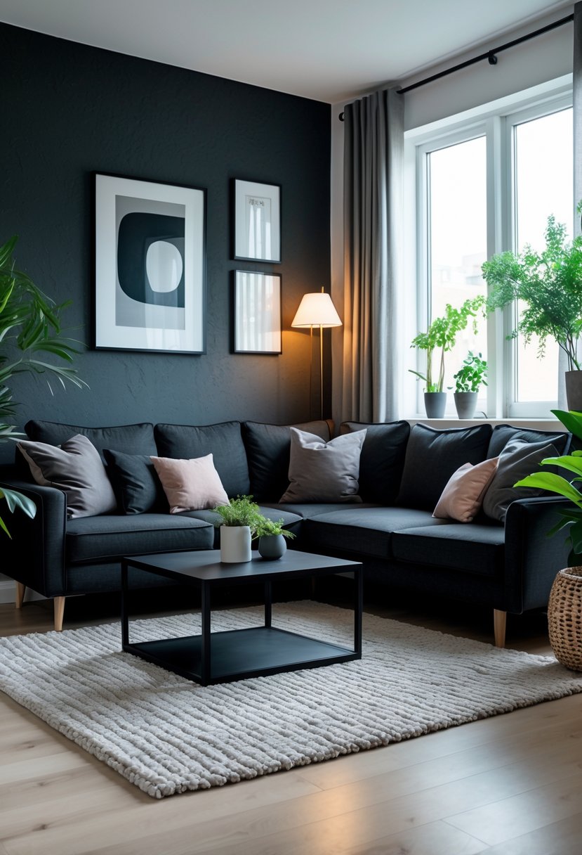 Living room with a dark charcoal accent wall, a sofa, coffee table, plants, and natural light coming through windows.