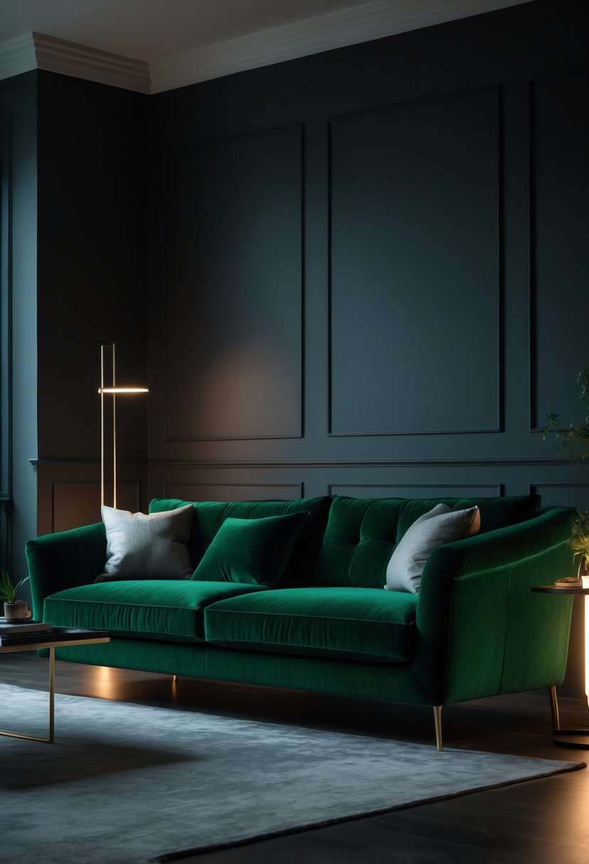 A dark living room with a velvet emerald green sofa surrounded by dim ambient lighting and minimalistic décor.