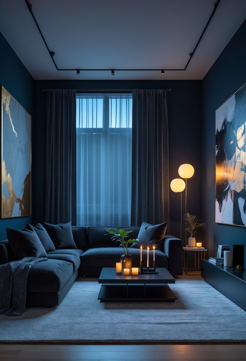 A living room with midnight blue walls, a dark gray sofa, a black coffee table, warm lighting, and a large window with sheer curtains.