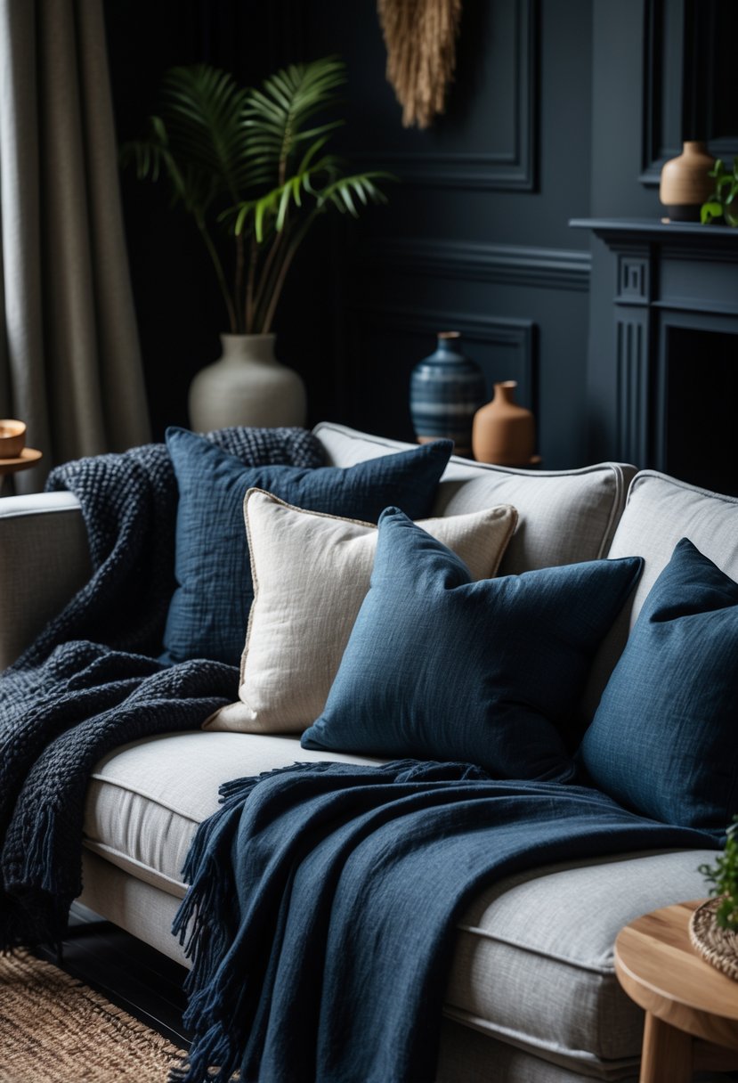 A dark living room with a sofa covered in wool and linen cushions and a woolen throw, featuring a wooden coffee table and plants.