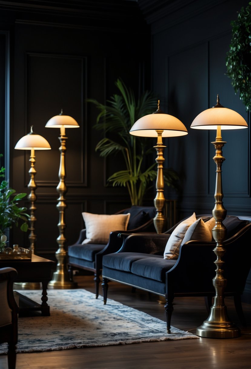 Dark living room illuminated by several antique brass floor lamps around seating and furniture.