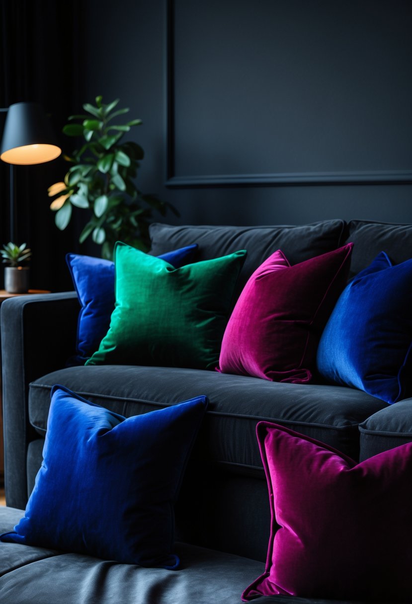 A dark living room with a charcoal gray sofa adorned with colorful velvet pillows and a small side table with a plant.