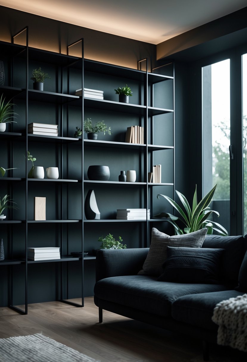Dark living room with black matte metal shelves holding books and plants, a dark sofa, and warm lighting.